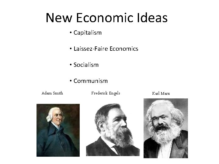 New Economic Ideas • Capitalism • Laissez-Faire Economics • Socialism • Communism Adam Smith