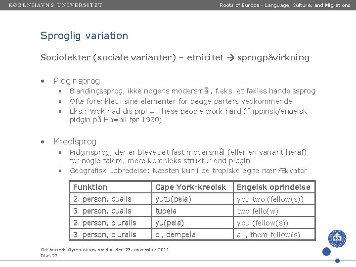 Roots of Europe - Language, Culture, and Migrations Sproglig variation Sociolekter (sociale varianter) –