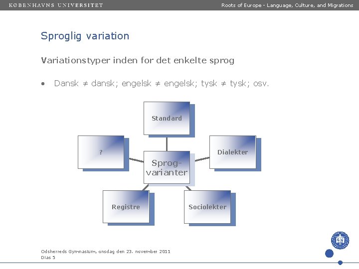 Roots of Europe - Language, Culture, and Migrations Sproglig variation Variationstyper inden for det