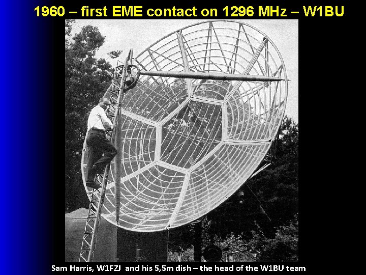 1960 – first EME contact on 1296 MHz – W 1 BU Sam Harris,