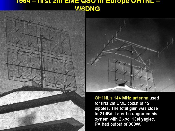 1964 – first 2 m EME QSO in Europe OH 1 NL – W