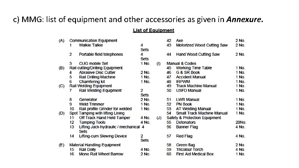 c) MMG: list of equipment and other accessories as given in Annexure. 