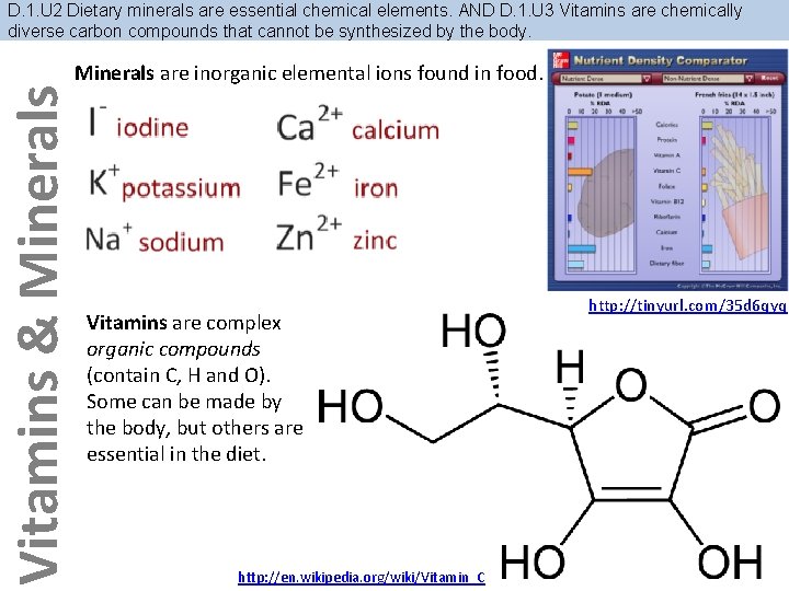 Vitamins & Minerals D. 1. U 2 Dietary minerals are essential chemical elements. AND