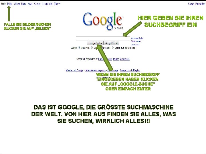 DAS IST GOOGLE, DIE GRÖSSTE SUCHMASCHINE DER WELT. VON HIER AUS FINDEN SIE ALLES,