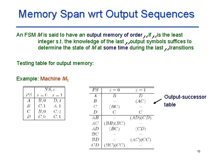 Memory Span wrt Output Sequences An FSM M is said to have an output Memory Span wrt Output Sequences An FSM M is said to have an output