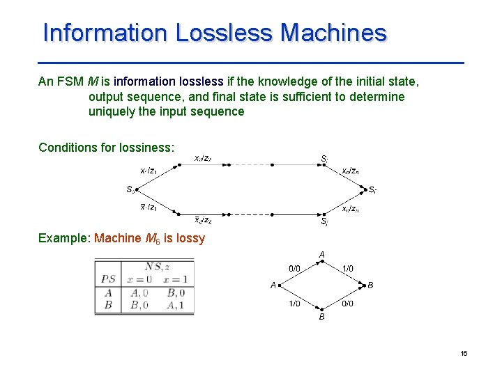 Information Lossless Machines An FSM M is information lossless if the knowledge of the Information Lossless Machines An FSM M is information lossless if the knowledge of the
