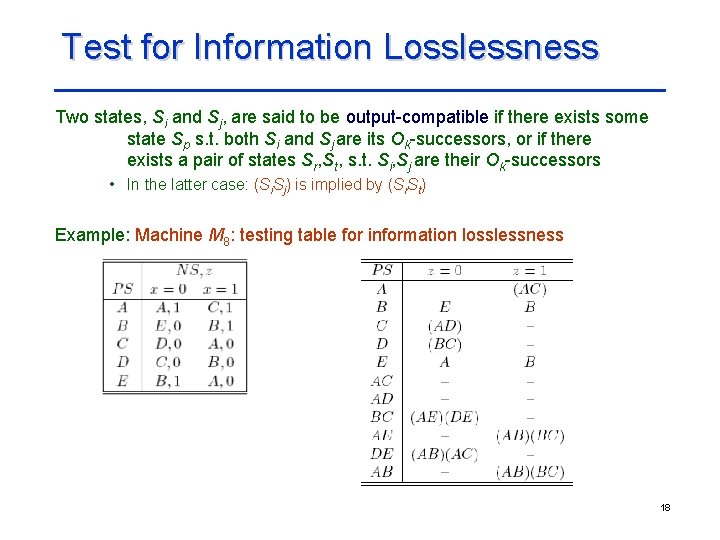Test for Information Losslessness Two states, Si and Sj, are said to be output-compatible Test for Information Losslessness Two states, Si and Sj, are said to be output-compatible