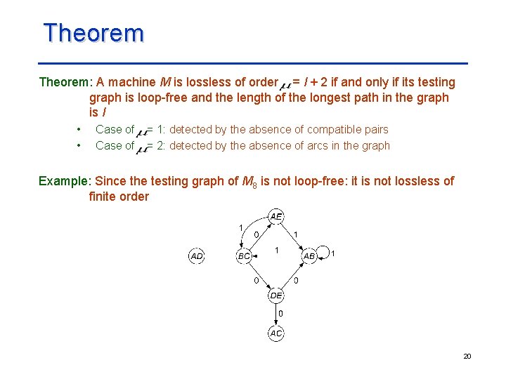 Theorem: A machine M is lossless of order = l + 2 if and Theorem: A machine M is lossless of order = l + 2 if and
