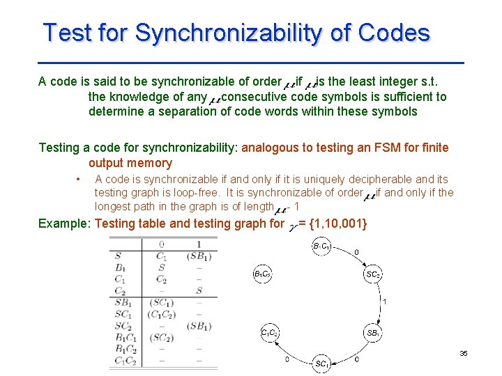 Test for Synchronizability of Codes A code is said to be synchronizable of order Test for Synchronizability of Codes A code is said to be synchronizable of order