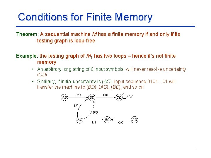 Conditions for Finite Memory Theorem: A sequential machine M has a finite memory if Conditions for Finite Memory Theorem: A sequential machine M has a finite memory if
