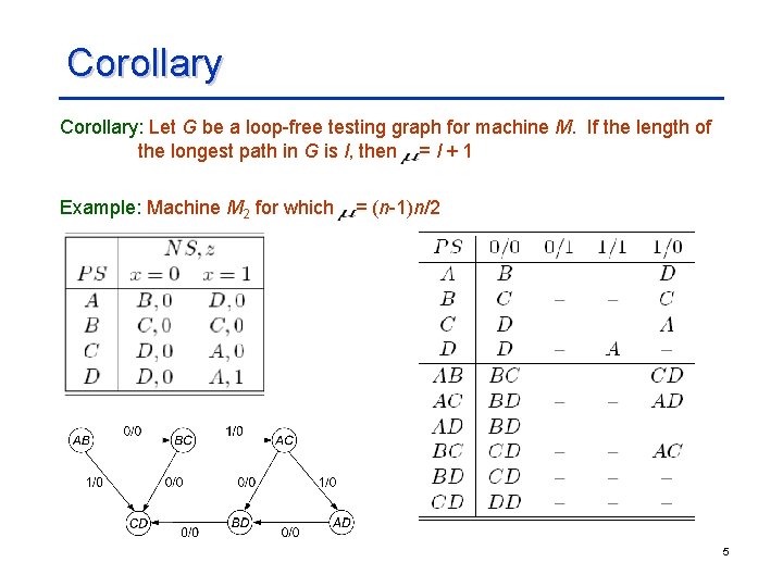 Corollary: Let G be a loop-free testing graph for machine M. If the length Corollary: Let G be a loop-free testing graph for machine M. If the length