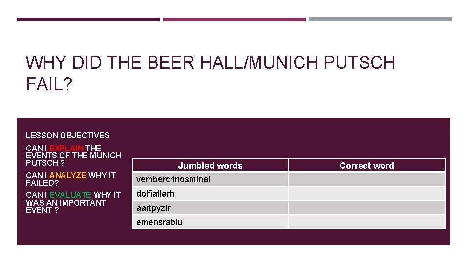 WHY DID THE BEER HALL/MUNICH PUTSCH FAIL? LESSON OBJECTIVES CAN I EXPLAIN THE EVENTS