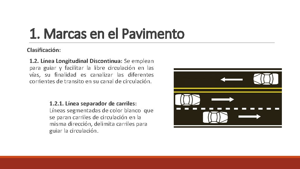 1. Marcas en el Pavimento Clasificación: 1. 2. Línea Longitudinal Discontinua: Se emplean para