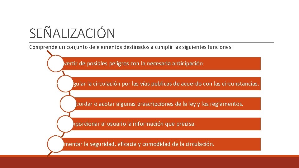 SEÑALIZACIÓN Comprende un conjunto de elementos destinados a cumplir las siguientes funciones: Advertir de