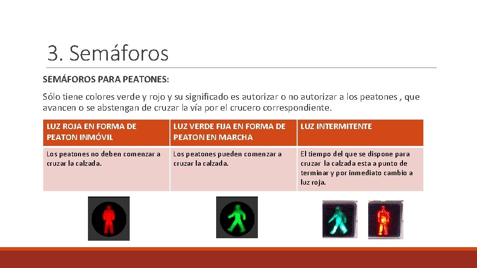 3. Semáforos SEMÁFOROS PARA PEATONES: Sólo tiene colores verde y rojo y su significado