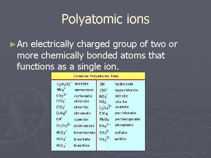 Polyatomic ions ► An electrically charged group of two or more chemically bonded atoms