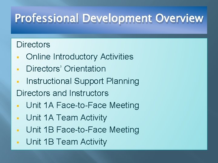 Professional Development Overview Directors § Online Introductory Activities § Directors’ Orientation § Instructional Support