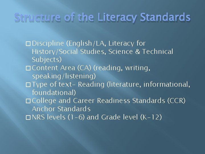 Structure of the Literacy Standards � Discipline (English/LA, Literacy for History/Social Studies, Science &