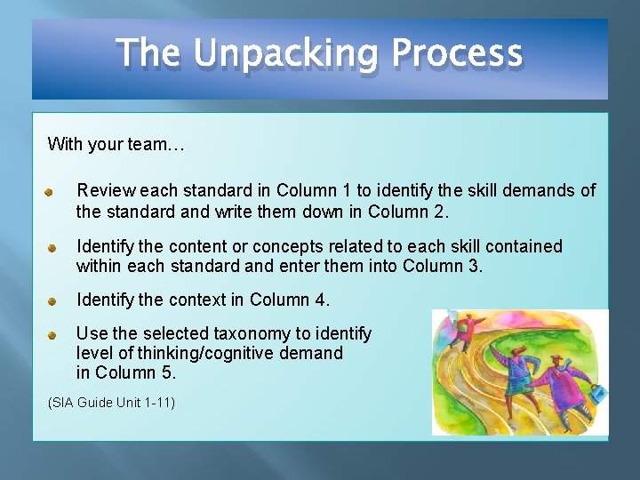 The Unpacking Process With your team… Review each standard in Column 1 to identify