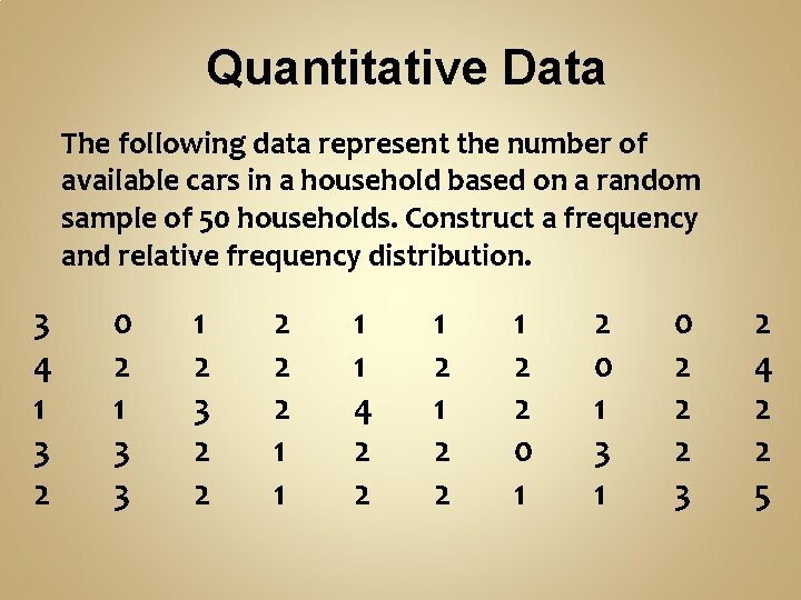 Quantitative Data The following data represent the number of available cars in a household