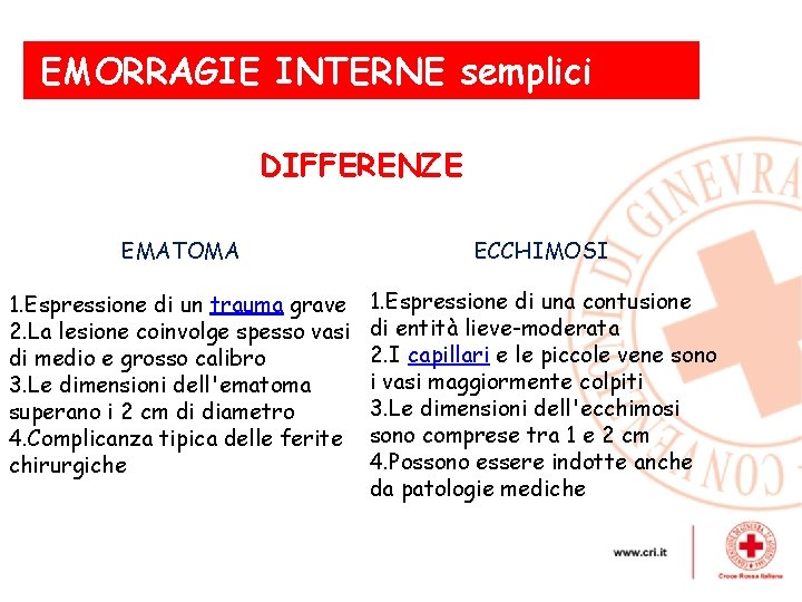 EMORRAGIE INTERNE semplici DIFFERENZE EMATOMA ECCHIMOSI di medio e grosso calibro 3. Le dimensioni