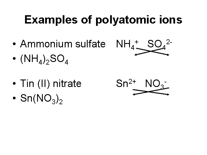 Examples of polyatomic ions • Ammonium sulfate NH 4+ SO 42 • (NH 4)2