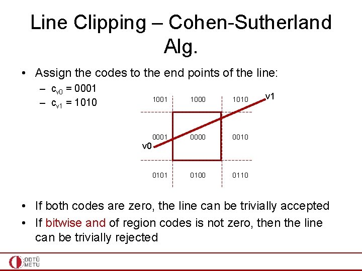 Line Clipping – Cohen-Sutherland Alg. • Assign the codes to the end points of