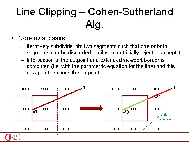 Line Clipping – Cohen-Sutherland Alg. • Non-trivial cases: – Iteratively subdivide into two segments