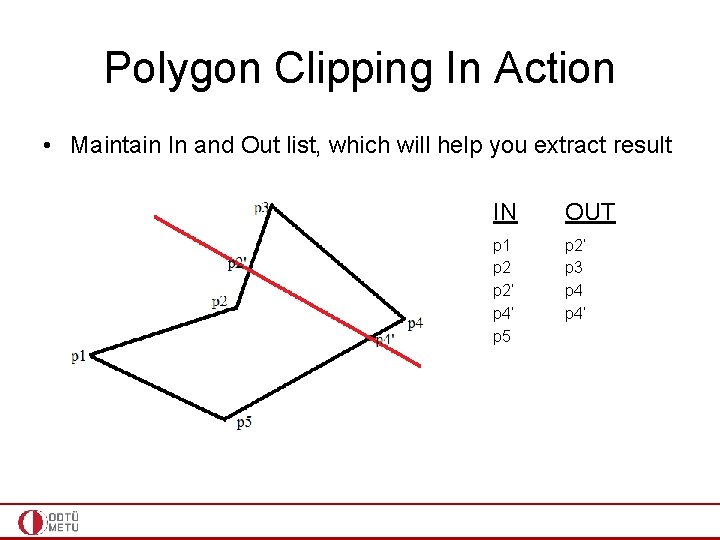 Polygon Clipping In Action • Maintain In and Out list, which will help you