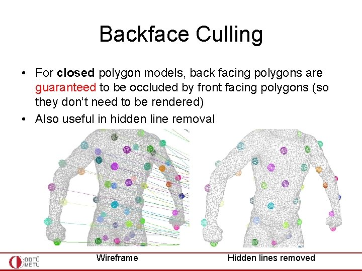 Backface Culling • For closed polygon models, back facing polygons are guaranteed to be