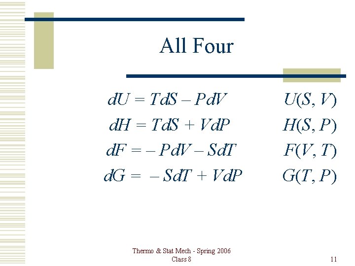 All Four d. U = Td. S – Pd. V d. H = Td. All Four d. U = Td. S – Pd. V d. H = Td.