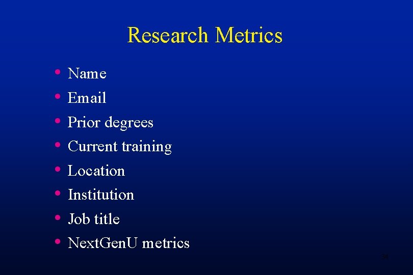 Research Metrics • • Name Email Prior degrees Current training Location Institution Job title