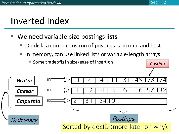 Sec. 1. 2 Introduction to Information Retrieval Inverted index § We need variable-size postings