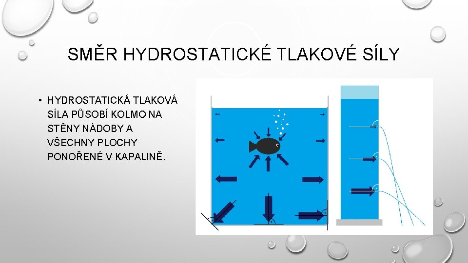 SMĚR HYDROSTATICKÉ TLAKOVÉ SÍLY • HYDROSTATICKÁ TLAKOVÁ SÍLA PŮSOBÍ KOLMO NA STĚNY NÁDOBY A