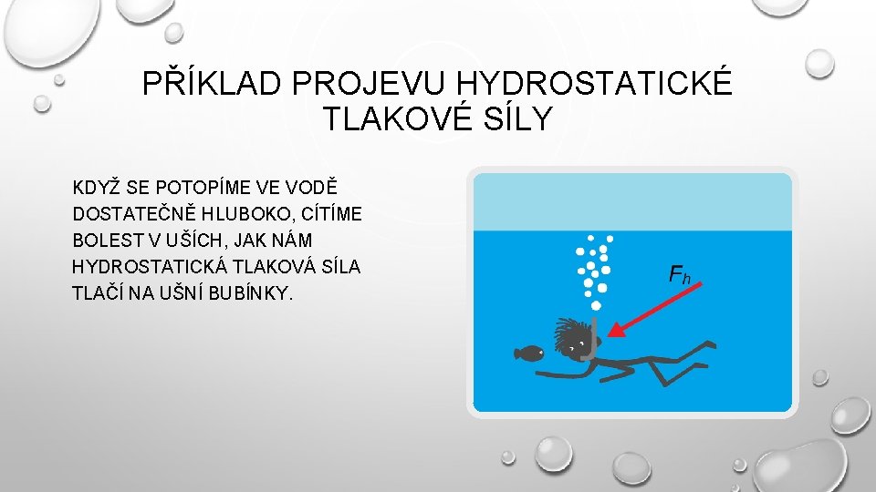 PŘÍKLAD PROJEVU HYDROSTATICKÉ TLAKOVÉ SÍLY KDYŽ SE POTOPÍME VE VODĚ DOSTATEČNĚ HLUBOKO, CÍTÍME BOLEST