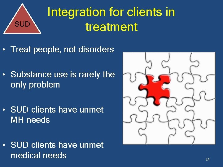 SUD Integration for clients in treatment • Treat people, not disorders • Substance use