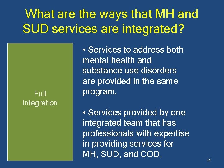 What are the ways that MH and SUD services are integrated? Full Integration •