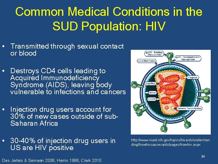 Common Medical Conditions in the SUD Population: HIV • Transmitted through sexual contact or