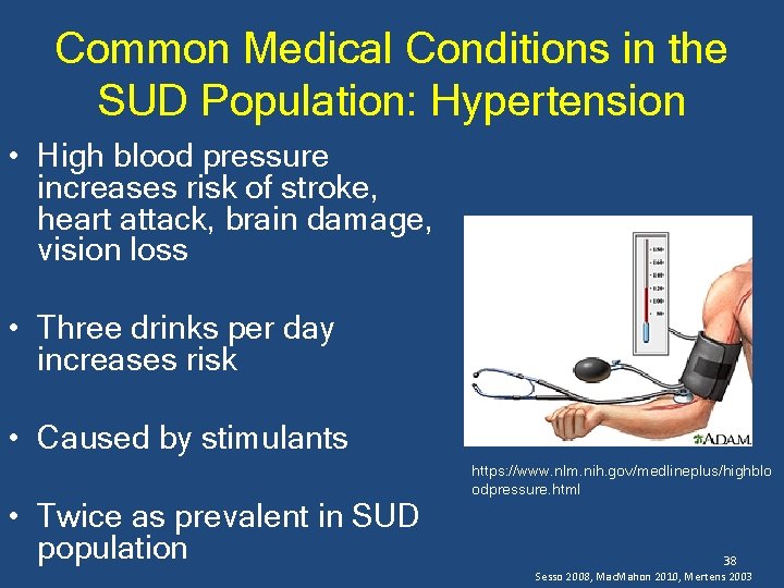 Common Medical Conditions in the SUD Population: Hypertension • High blood pressure increases risk