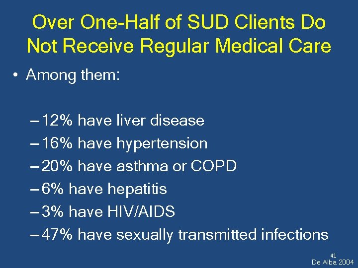 Over One-Half of SUD Clients Do Not Receive Regular Medical Care • Among them: