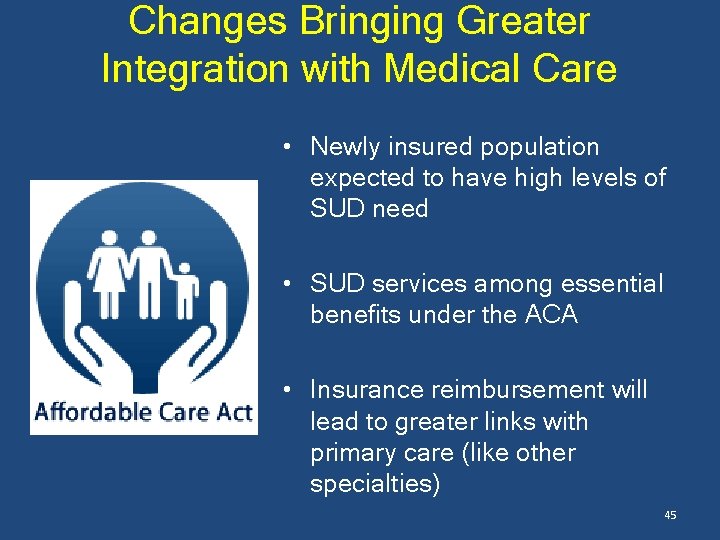 Changes Bringing Greater Integration with Medical Care • Newly insured population expected to have