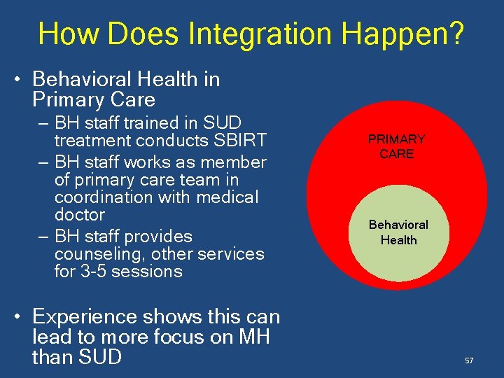 How Does Integration Happen? • Behavioral Health in Primary Care – BH staff trained
