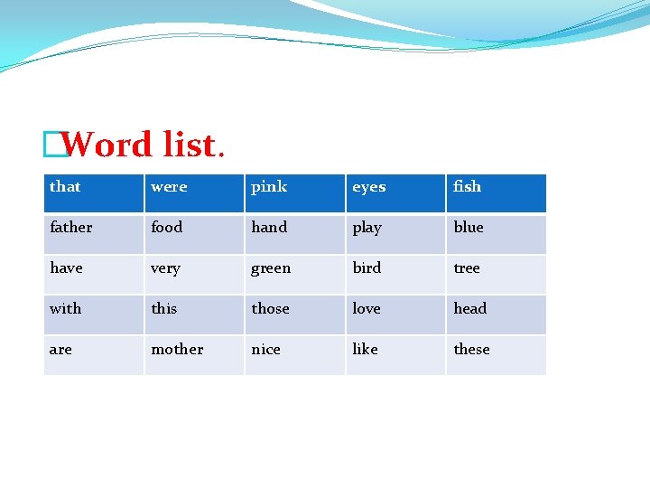 �Word list. that were pink eyes fish father food hand play blue have very