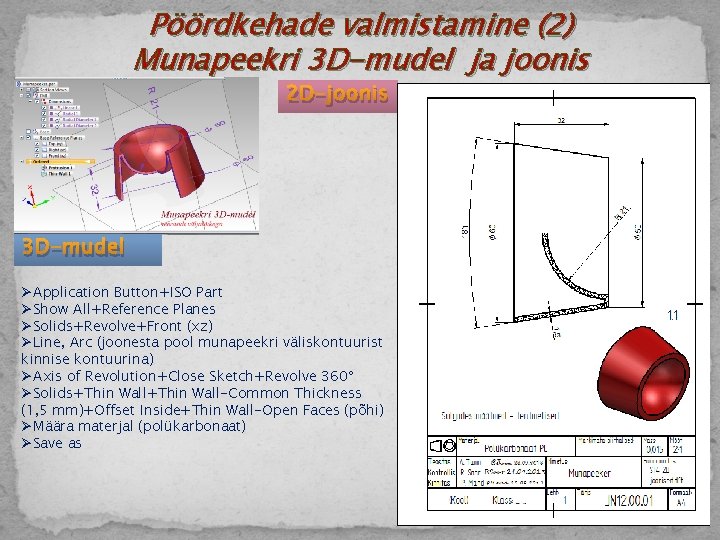 Pöördkehade valmistamine (2) Munapeekri 3 D-mudel ja joonis 2 D-joonis 3 D-mudel ØApplication Button+ISO