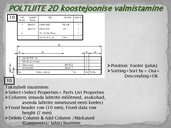 POLTLIITE 2 D koostejoonise valmistamine 10 10 Tükitabeli muutmine: ØSelect+Select Properties+ Parts List Properties