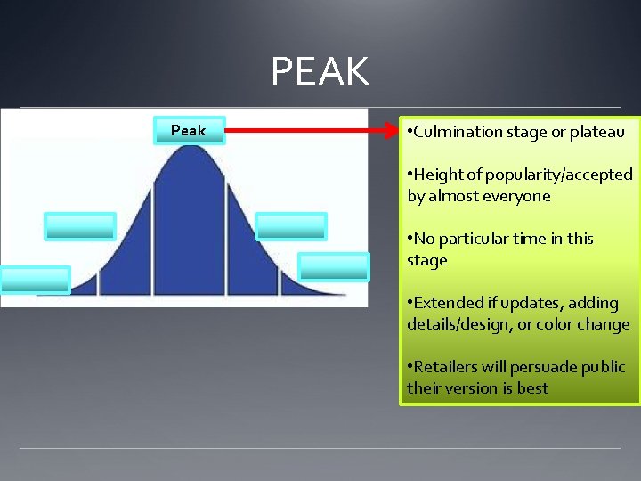 PEAK Peak • Culmination stage or plateau • Height of popularity/accepted by almost everyone