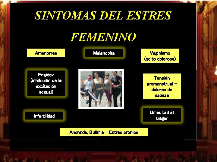SINTOMAS DEL ESTRES FEMENINO Amenorrea Melancolía Frigidez (inhibición de la excitación sexual) Vaginismo (coito SINTOMAS DEL ESTRES FEMENINO Amenorrea Melancolía Frigidez (inhibición de la excitación sexual) Vaginismo (coito