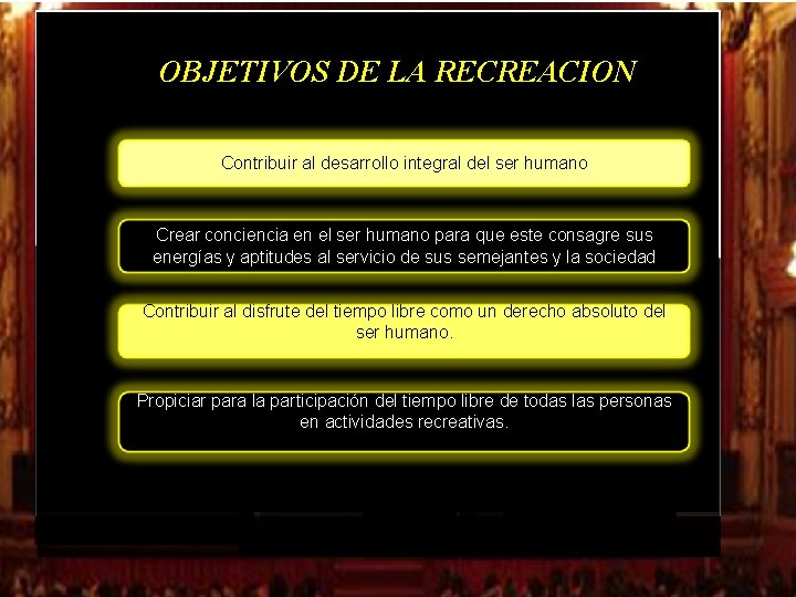 OBJETIVOS DE LA RECREACION Contribuir al desarrollo integral del ser humano Crear conciencia en OBJETIVOS DE LA RECREACION Contribuir al desarrollo integral del ser humano Crear conciencia en