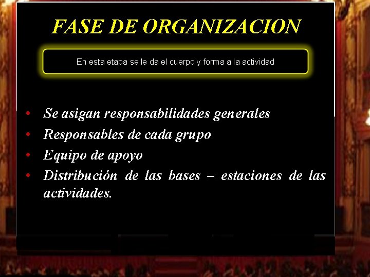 FASE DE ORGANIZACION En esta etapa se le da el cuerpo y forma a FASE DE ORGANIZACION En esta etapa se le da el cuerpo y forma a