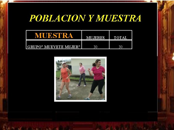 POBLACION Y MUESTRA MUJERES TOTAL GRUPO” MUEVETE MUJER” 30 30 POBLACION Y MUESTRA MUJERES TOTAL GRUPO” MUEVETE MUJER” 30 30